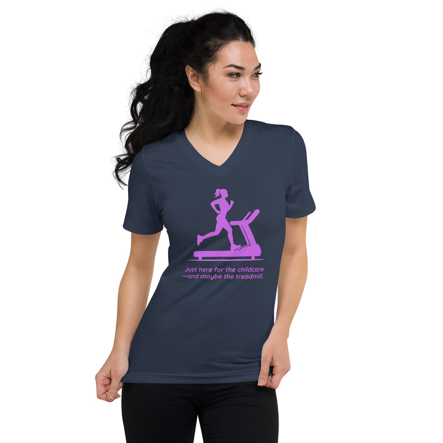 Navy fitted V-neck tee with pink treadmill mom graphic and humorous childcare text.