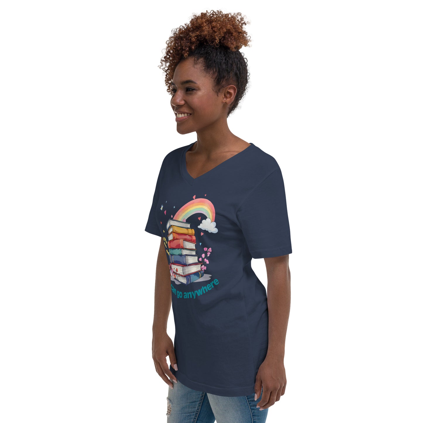 Navy unisex v-neck tee with retro rainbow and colorful book stack graphic on front.