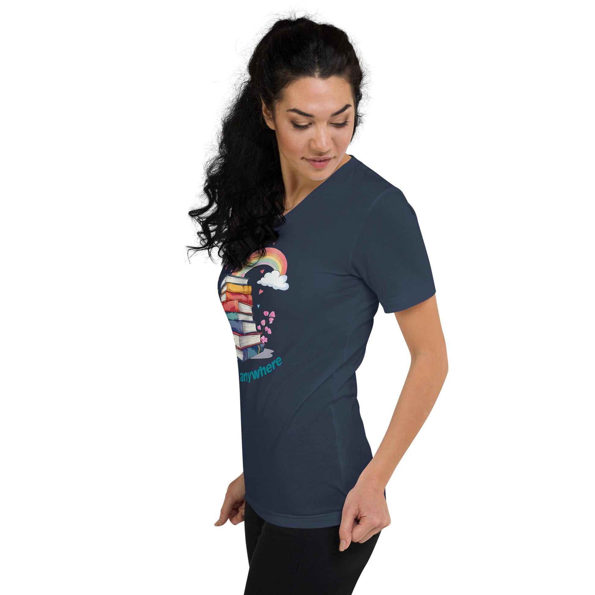 Navy unisex V-neck tee with colorful stacked books and rainbow graphic on front.