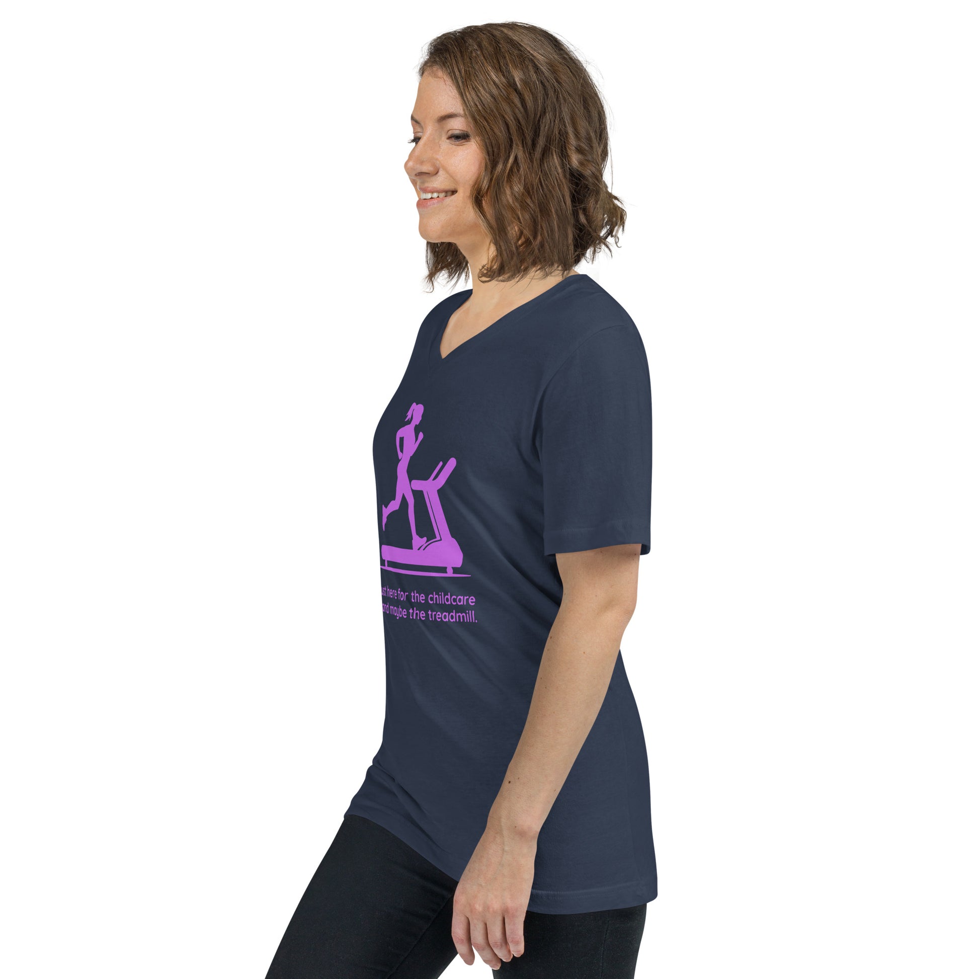 Navy blue v-neck tee with pink graphic of woman on treadmill and childcare text.