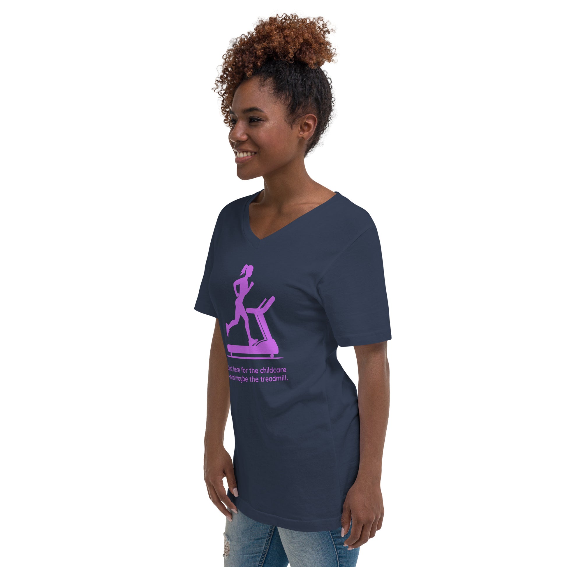 Navy V-neck tee with pink treadmill graphic and humorous childcare text, worn by smiling woman.