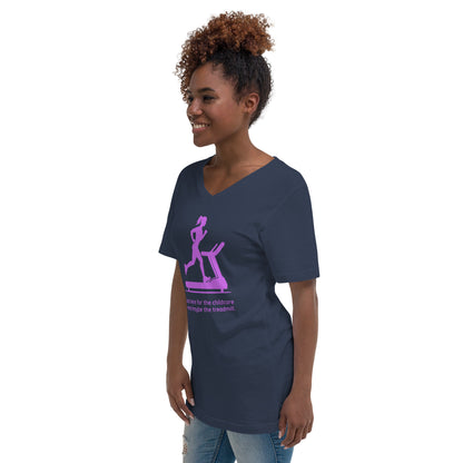Navy V-neck tee with pink treadmill graphic and humorous childcare text, worn by smiling woman.