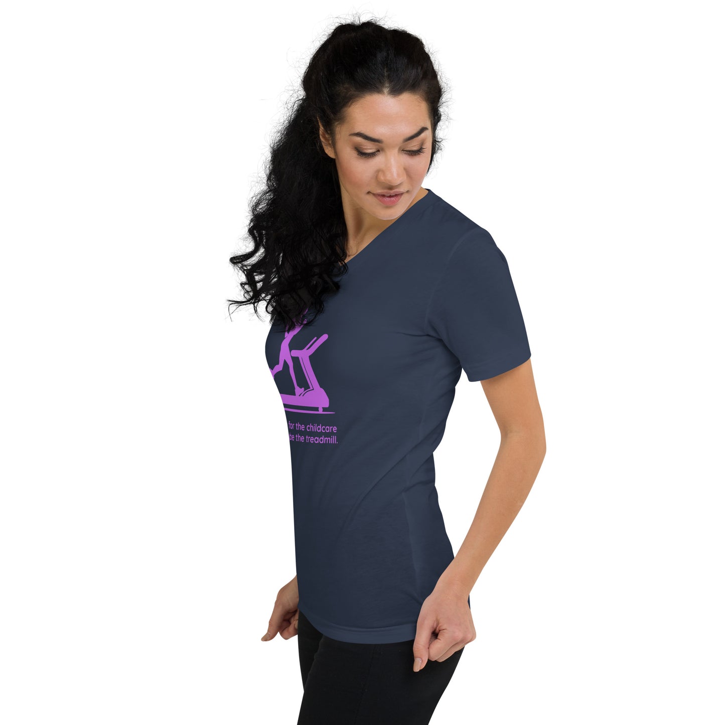 Navy V-neck tee with pink childcare and treadmill graphic, worn by woman with long dark hair.