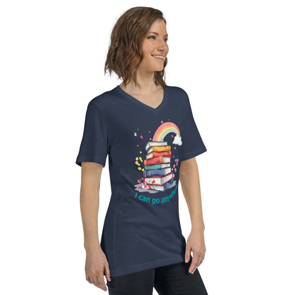 Navy unisex V-neck tee with colorful rainbow and stacked book graphic, "I can go anywhere" text.