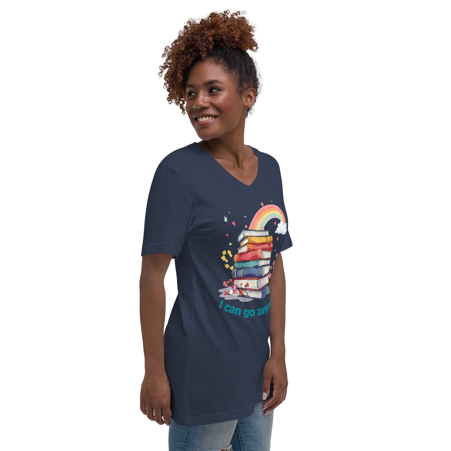 Navy unisex V-neck tee with colorful rainbow and stacked books graphic, "I can go anywhere" text.