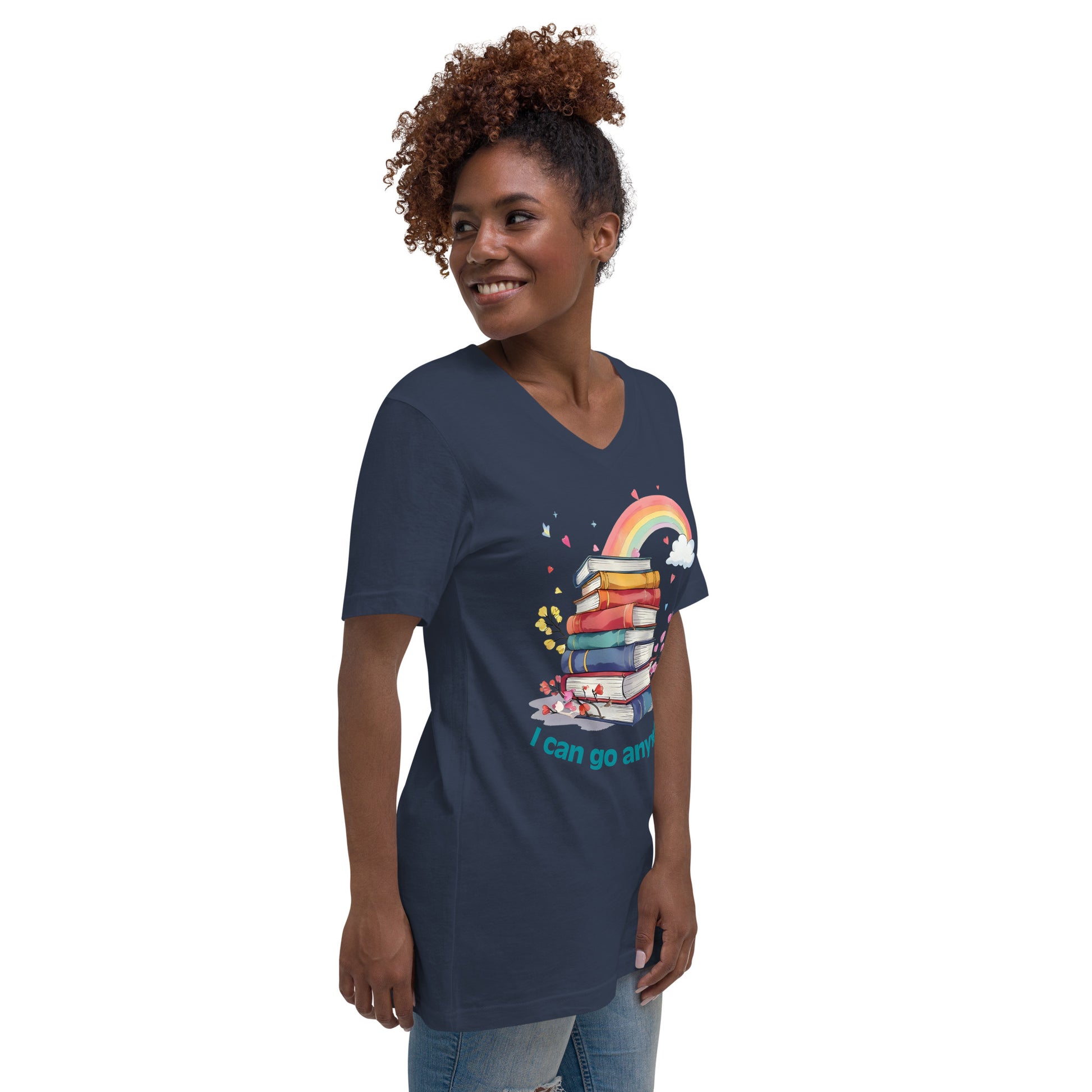 Navy unisex V-neck tee with colorful rainbow and stacked books graphic, "I can go anywhere" text.