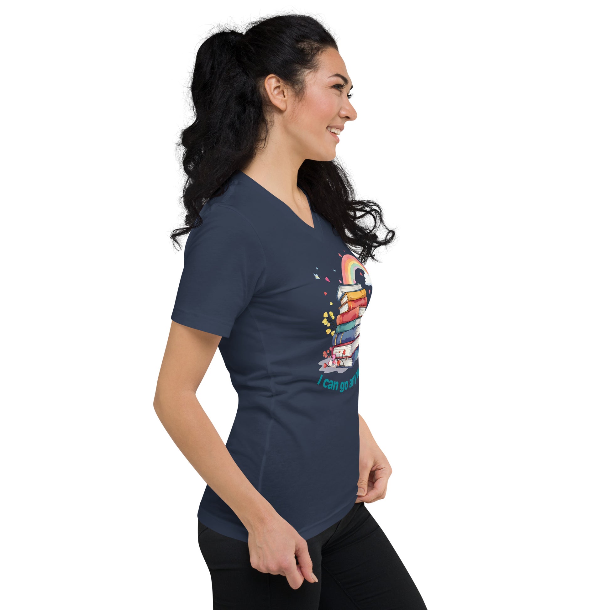 Navy unisex V-neck tee with colorful stacked books and rainbow graphic on front.