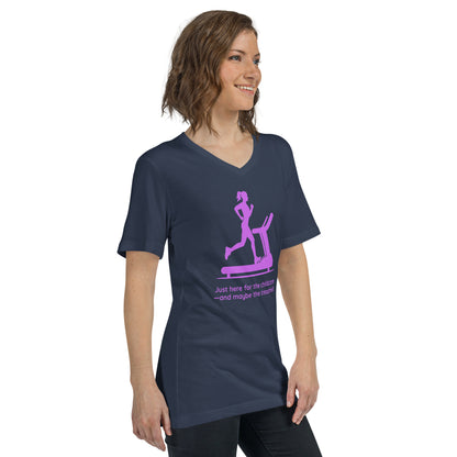 Navy V-neck tee with pink treadmill graphic and "Just here for the childcare—and maybe the treadmill" text.