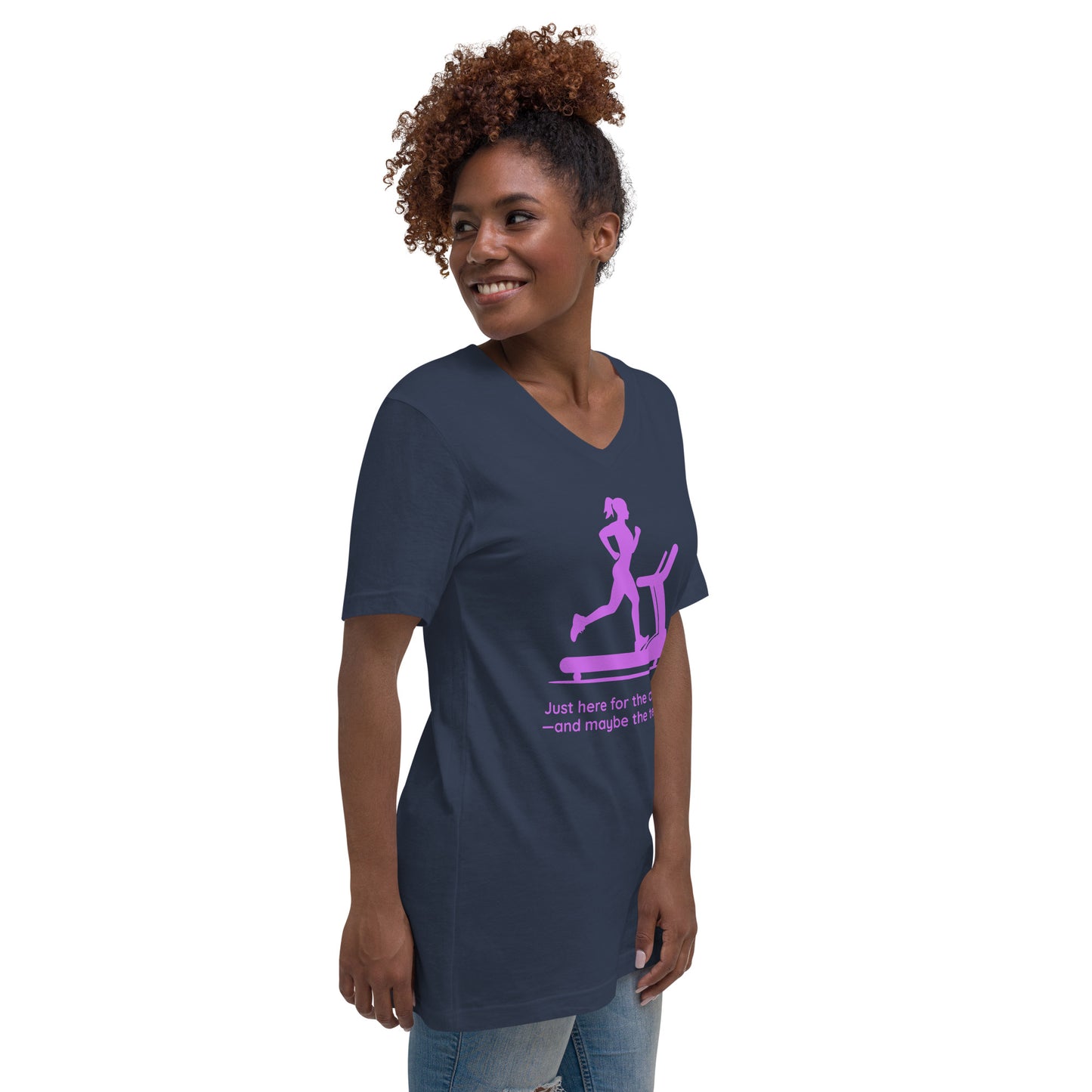 Navy V-neck tee with pink treadmill graphic and humorous childcare text, worn by smiling woman.