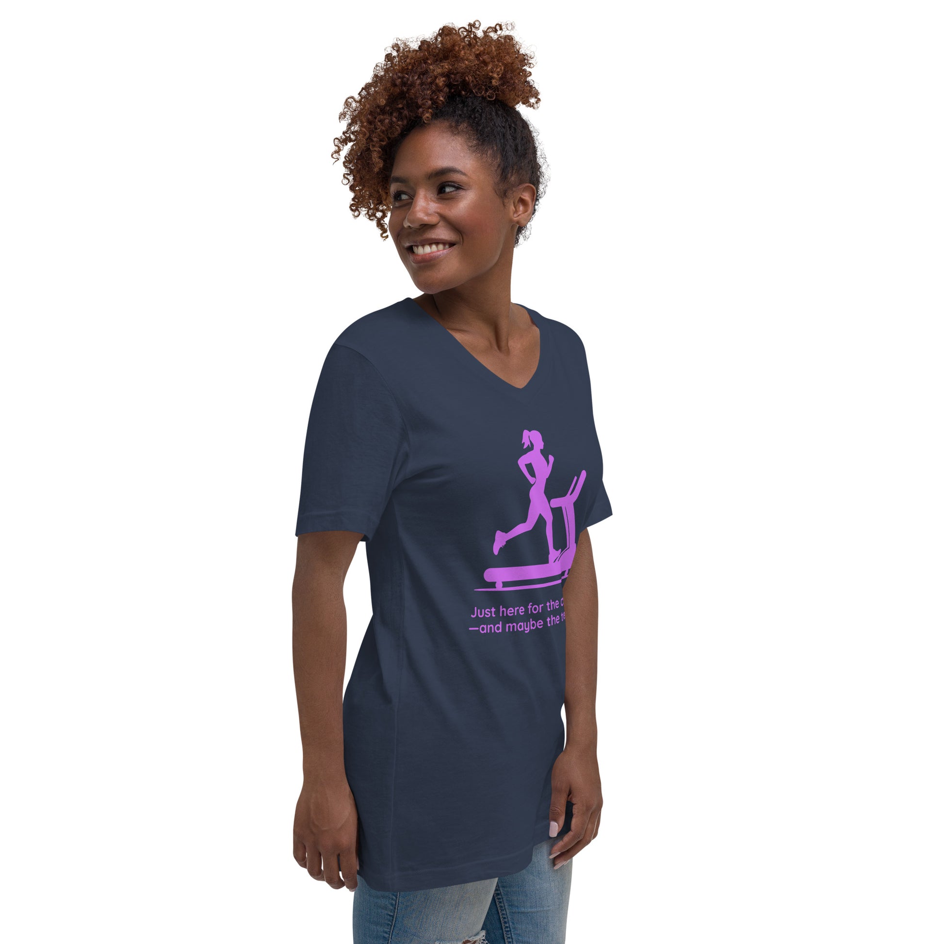 Navy V-neck tee with pink treadmill graphic and humorous childcare text, worn by smiling woman.