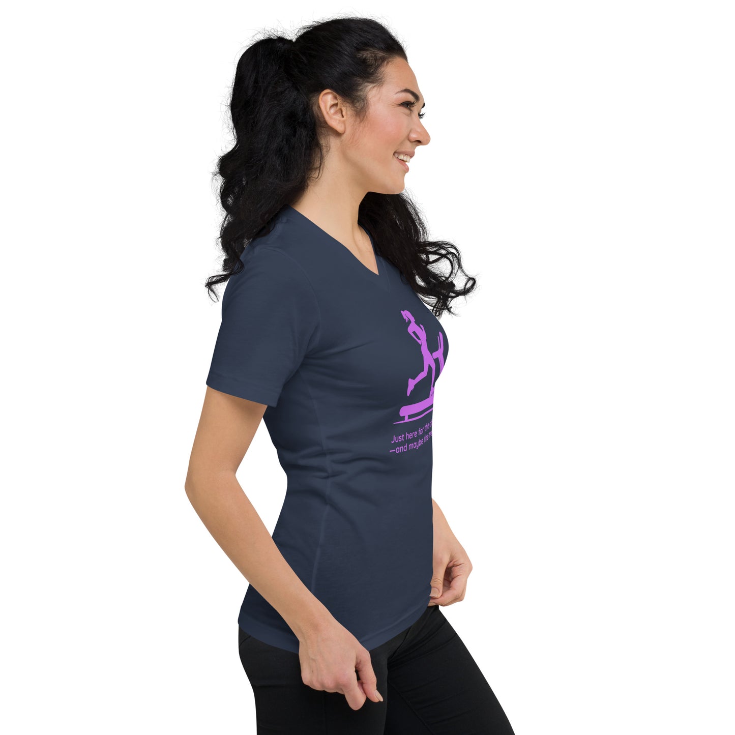 Navy blue V-neck tee with pink humorous childcare and treadmill graphic, slim fit on woman.