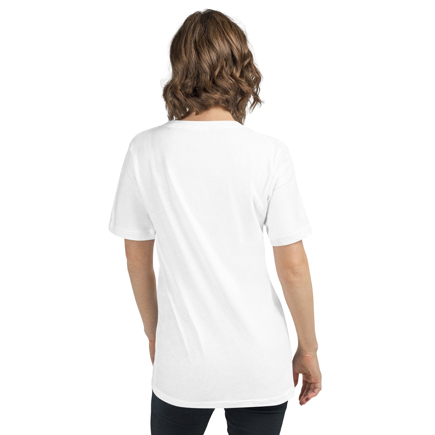 White short-sleeve V-neck tee with a relaxed fit shown from the back on a model with shoulder-length wavy hair.