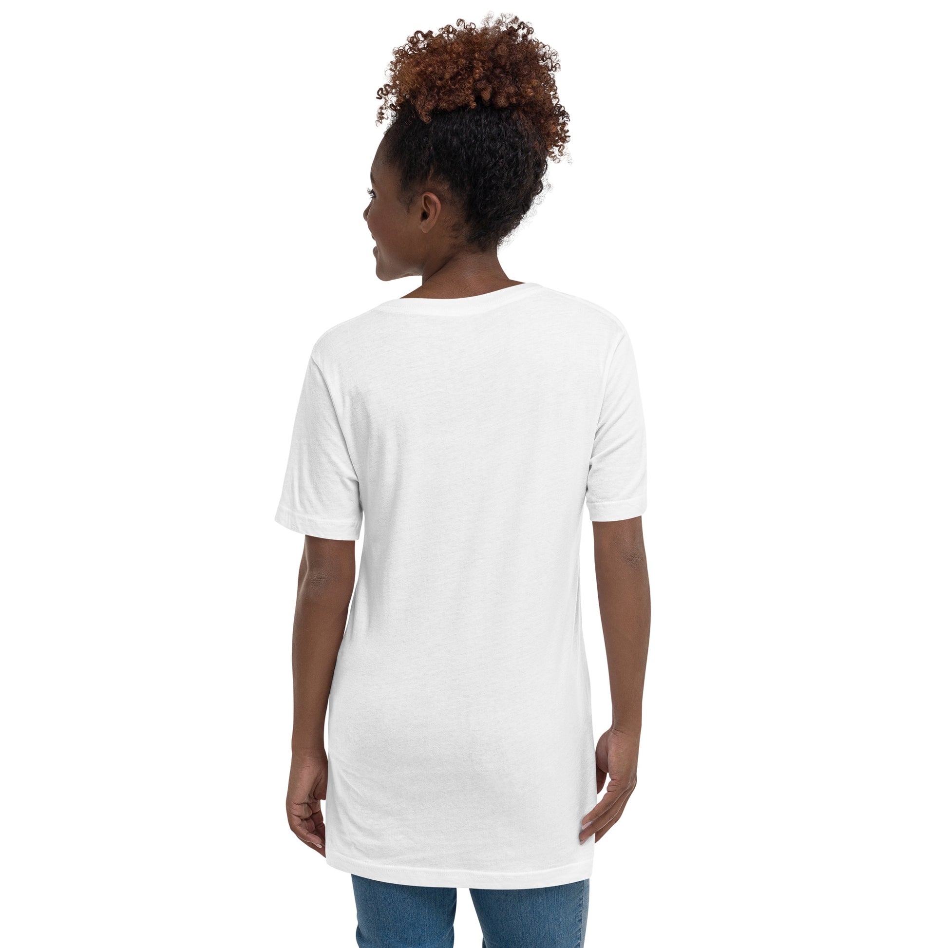 White V-neck tee with short sleeves shown from the back on a female model.
