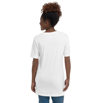 White V-neck tee with short sleeves shown from the back on a female model.