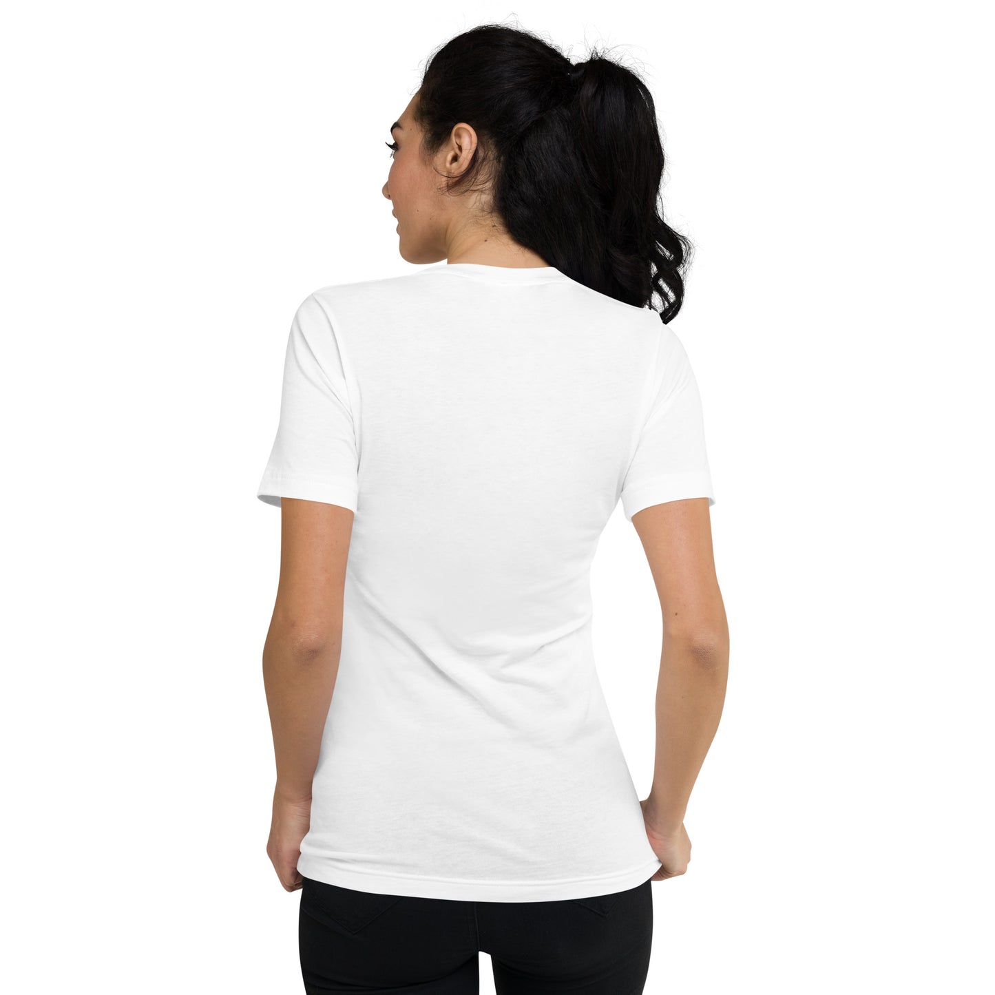 White fitted V-neck tee with short sleeves, modeled from the back on a woman with a ponytail.