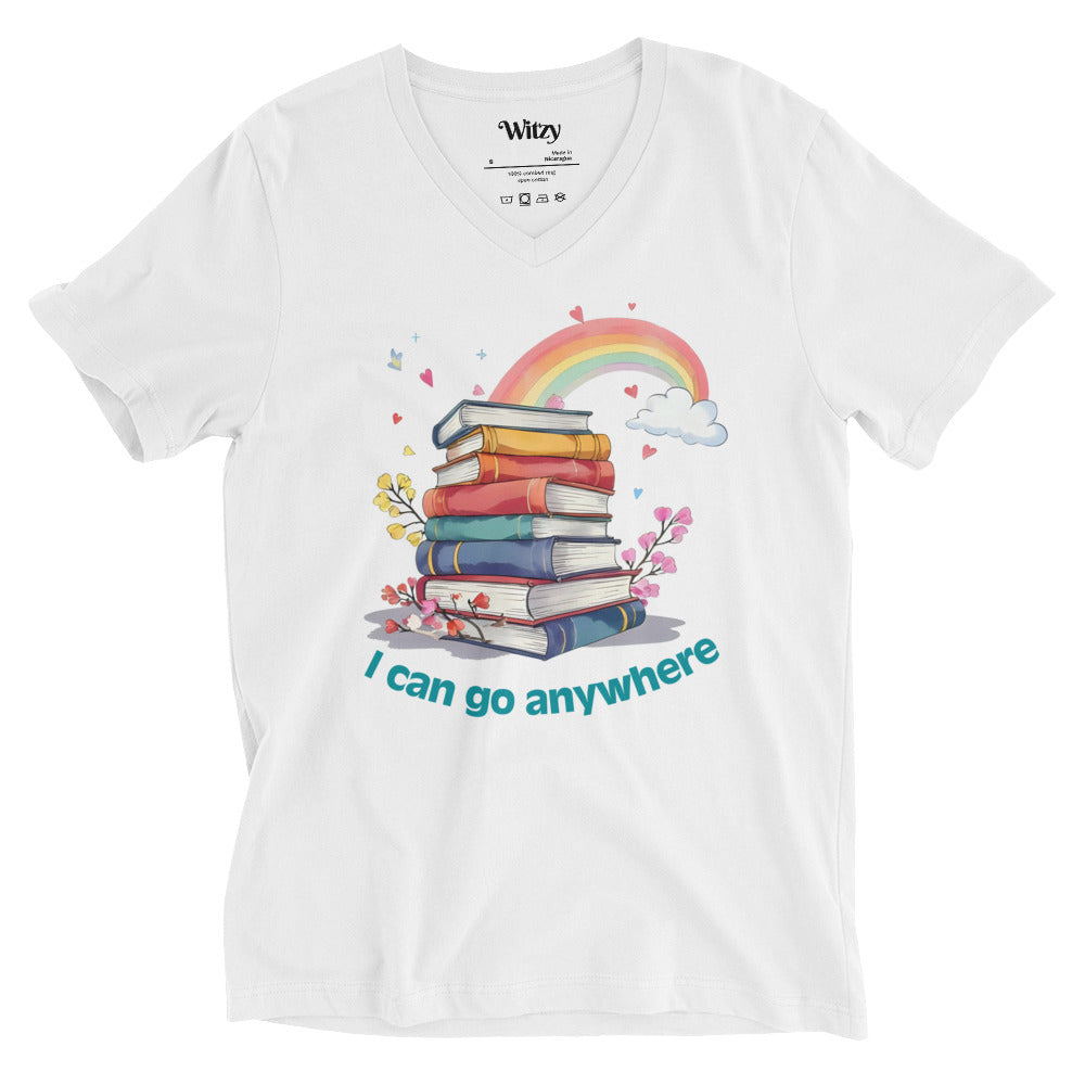 White unisex v-neck tee with colorful stack of books, rainbow, clouds, and "I can go anywhere" text.