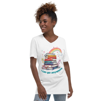 White unisex V-neck tee with colorful rainbow and stacked books design, "I can go anywhere" text.