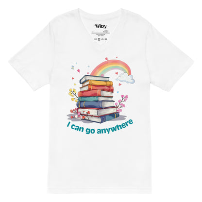White unisex v-neck tee with stacked books, rainbow, clouds, and "I can go anywhere" text.