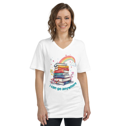 White unisex v-neck tee with colorful rainbow and stacked books graphic and "I can go anywhere" text.