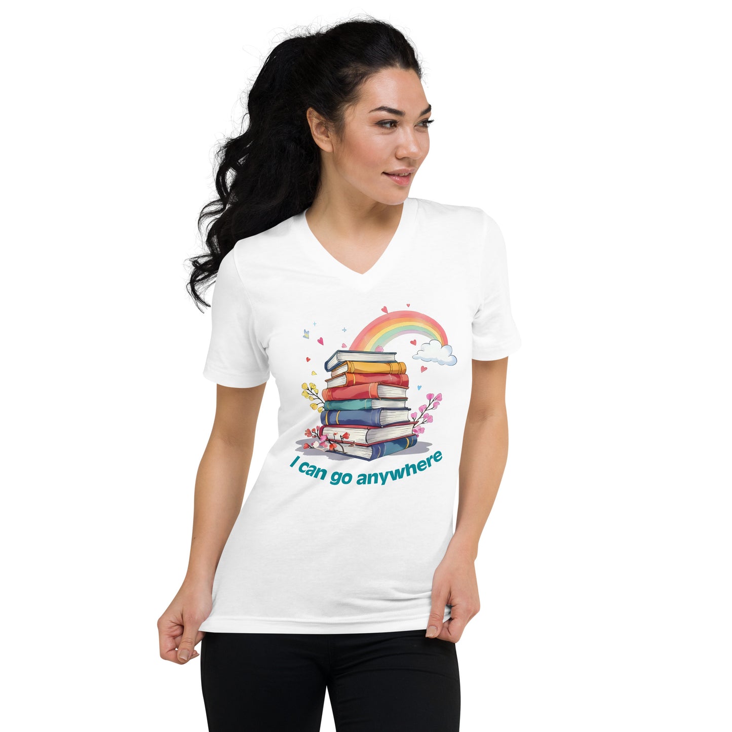 White unisex v-neck tee with colorful stack of books and rainbow graphic, "I can go anywhere" text.