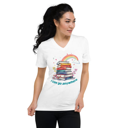 White unisex v-neck tee with colorful stack of books and rainbow graphic, "I can go anywhere" text.