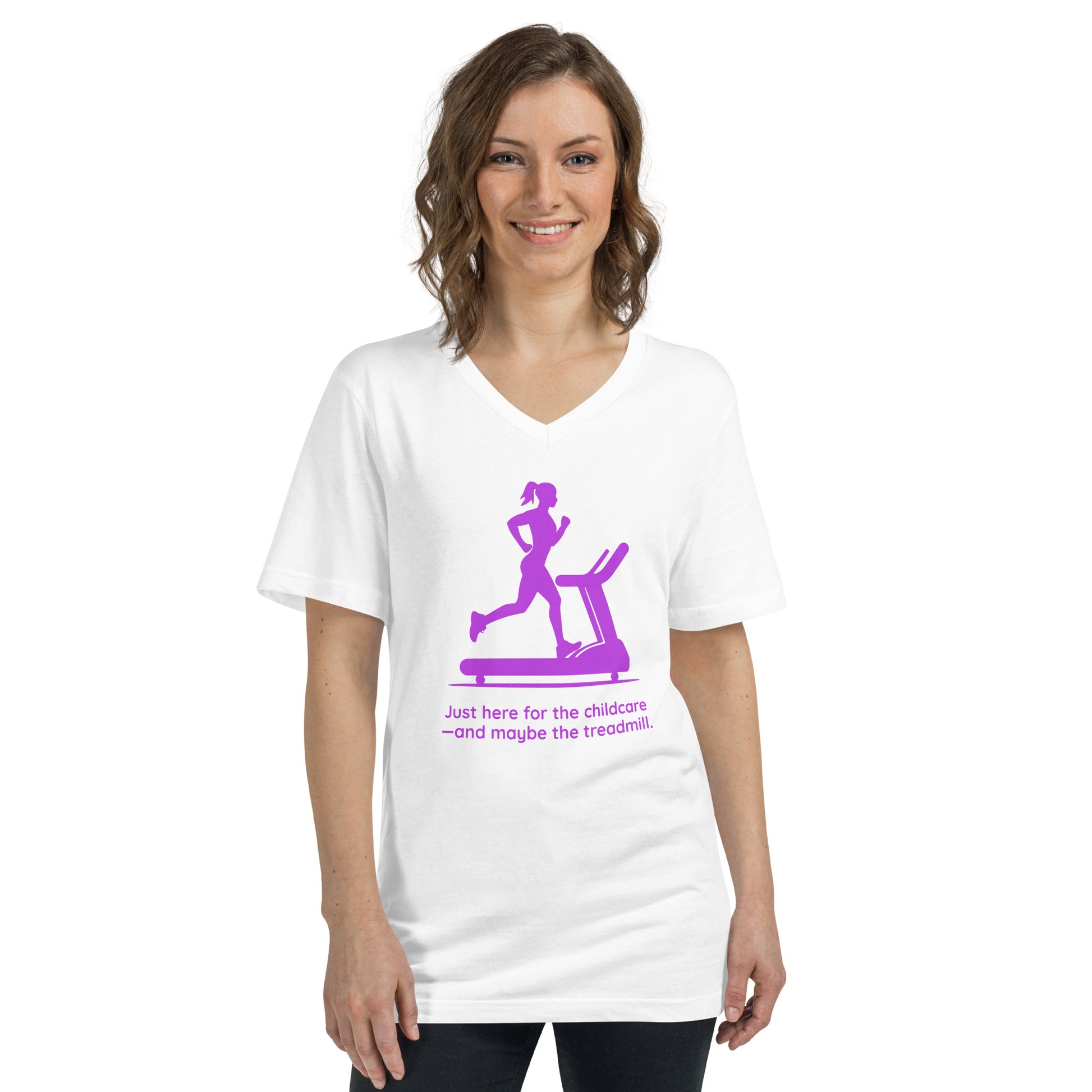 White V-neck tee with purple graphic of a woman jogging on a treadmill and text below.