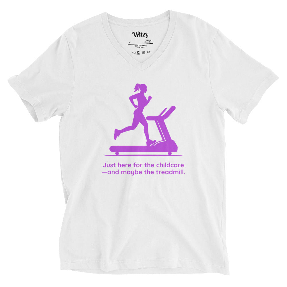 White V-neck tee with purple graphic of a woman running on a treadmill and text "Just here for the childcare and maybe the.