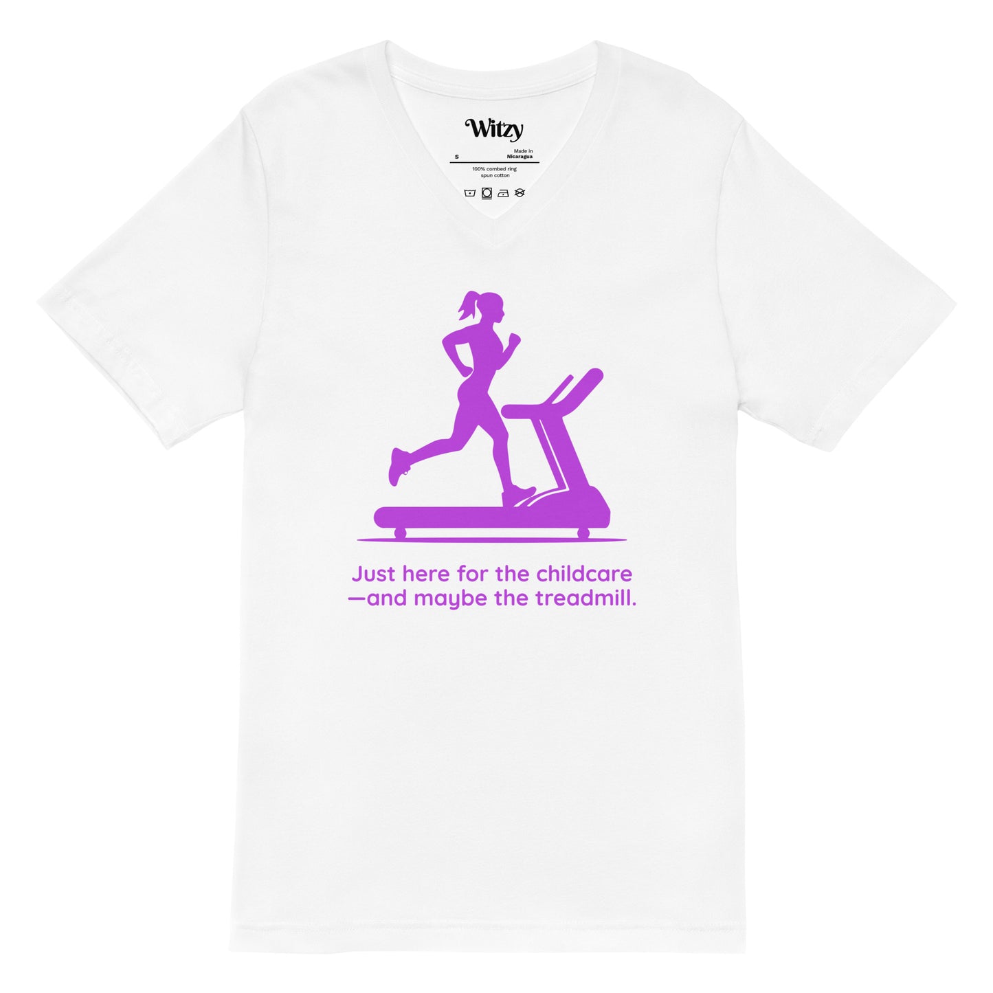 White v-neck tee with purple graphic of woman running on treadmill and humorous text below.