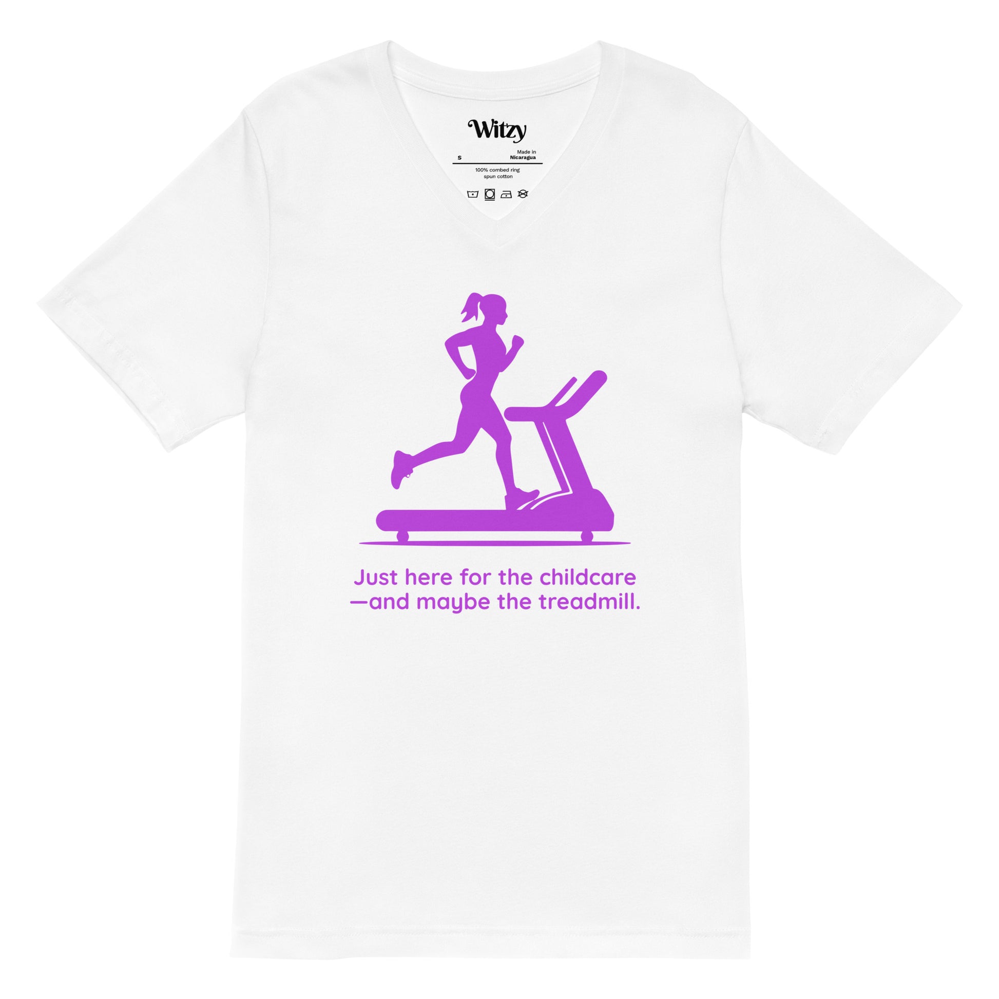 White v-neck tee with purple graphic of woman running on treadmill and humorous text below.