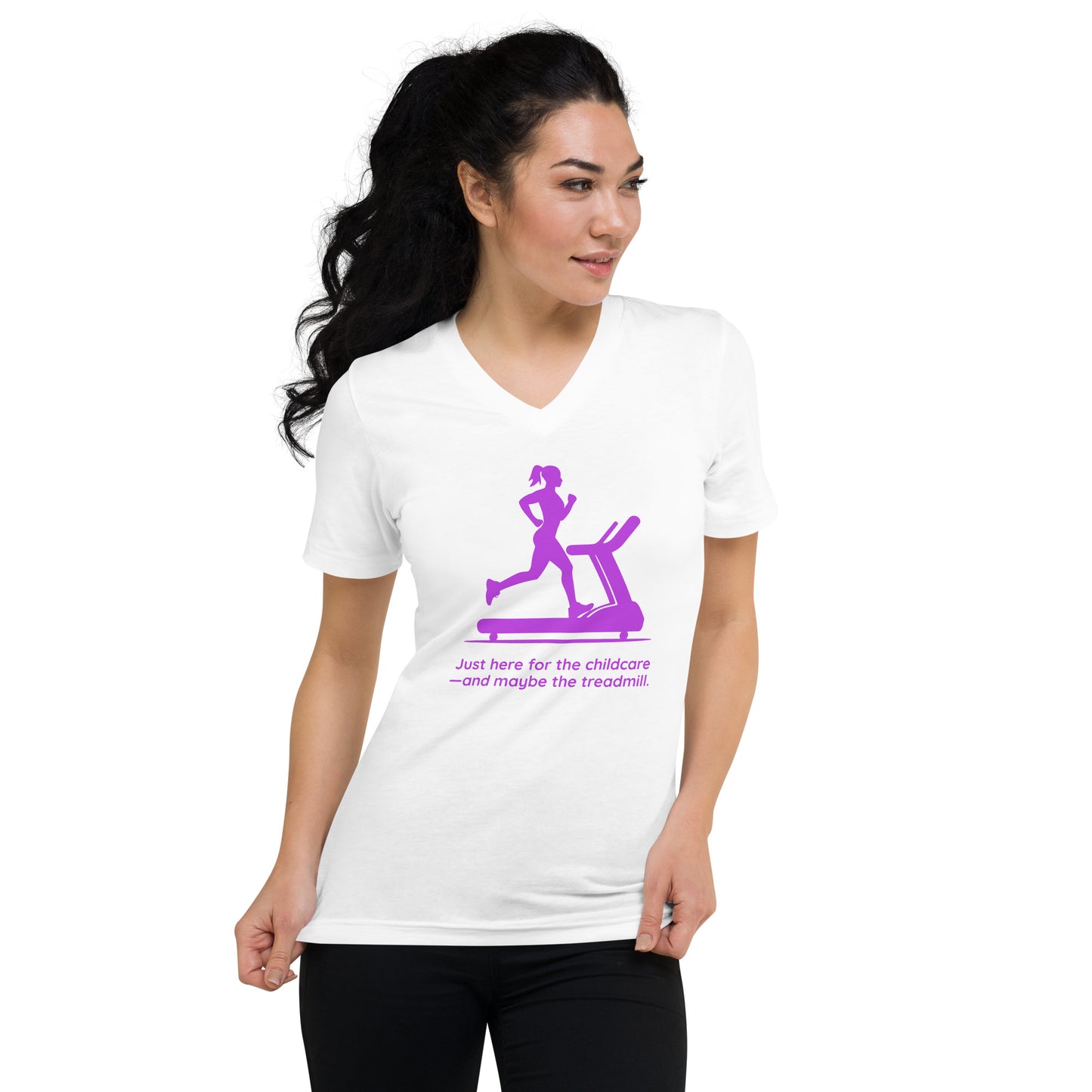 White v-neck tee with purple treadmill running woman graphic and humorous childcare treadmill text.