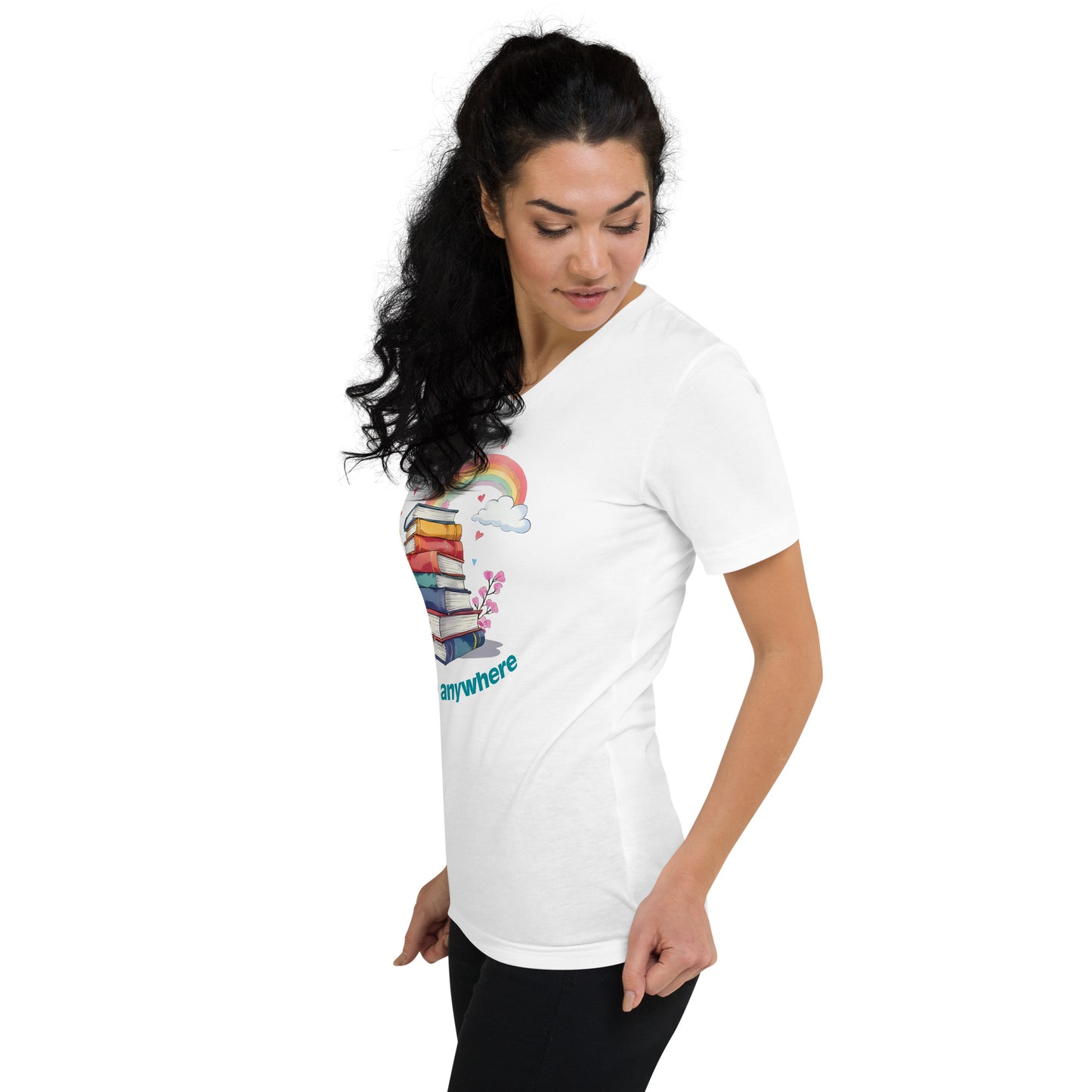 White unisex V-neck tee with colorful rainbow and stacked books graphic and "I Can Go Anywhere" text.