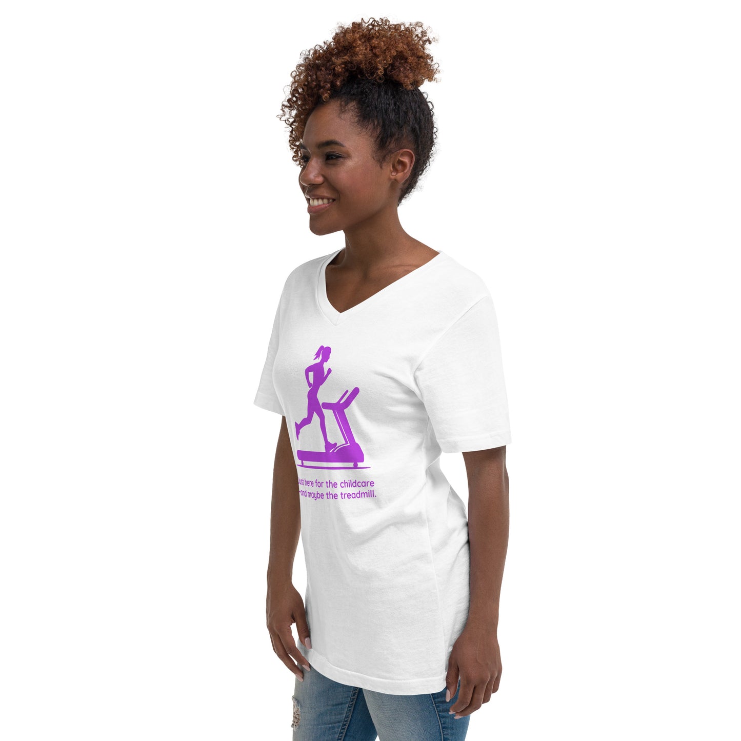 White V-neck tee with purple graphic of woman on treadmill and playful childcare text.