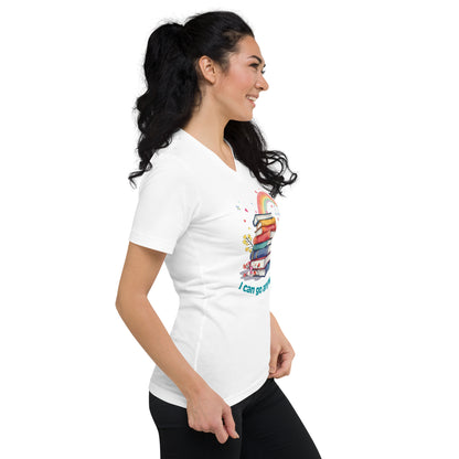 White unisex v-neck tee with colorful stacked books and rainbow reading graphic on front.