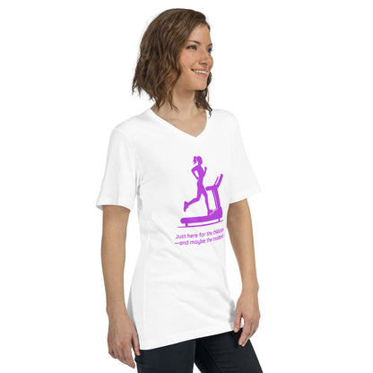 White V-neck tee with purple graphic of woman on treadmill and text "Just Here for the Childcare — and Maybe the Treadmill".