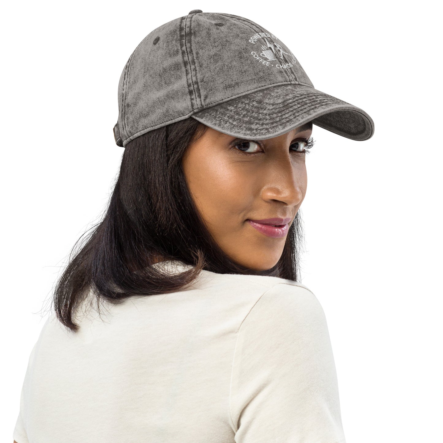 Charcoal grey vintage cotton twill cap with white embroidered "Powered by Coffee, Chaos & Cardio" text.