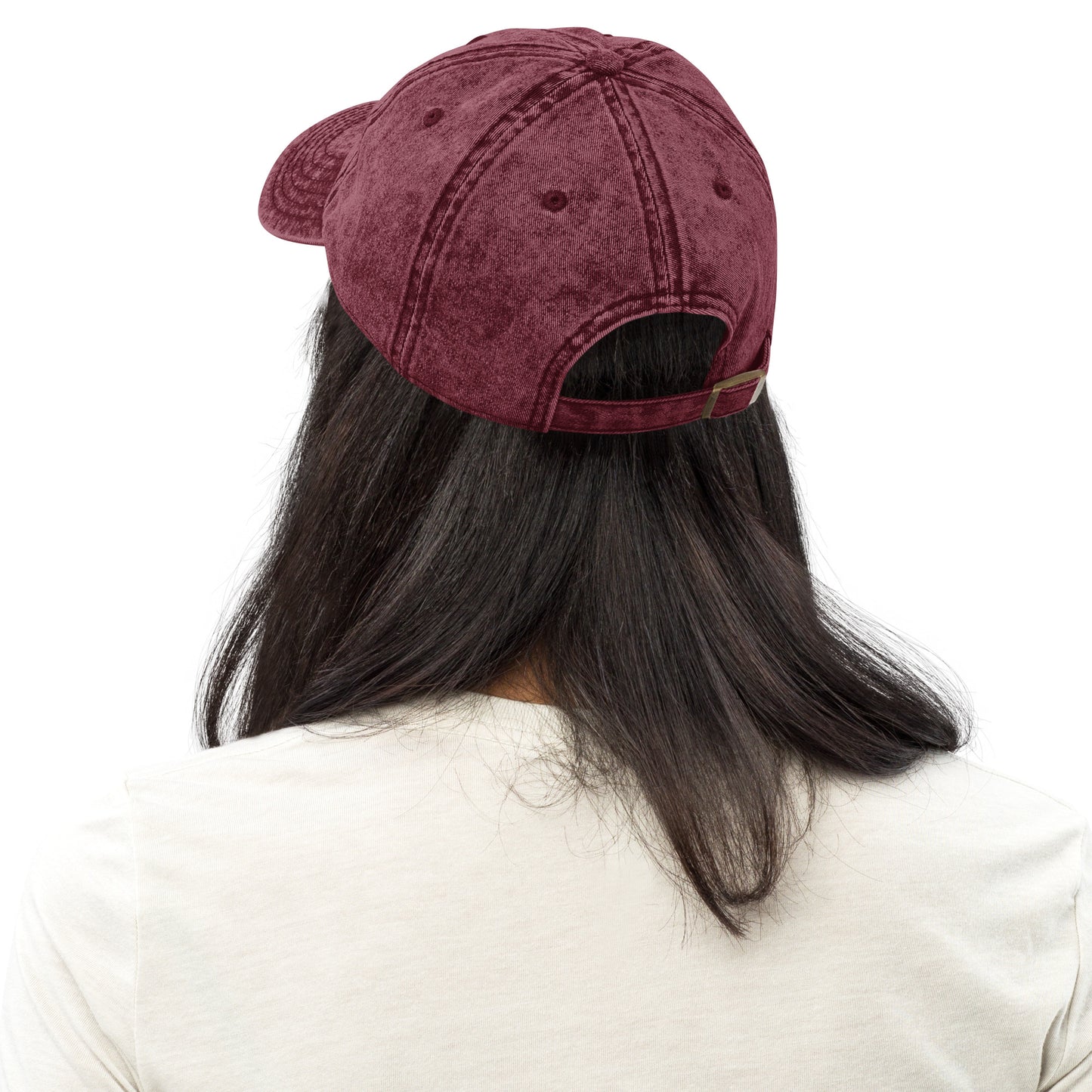 Maroon vintage cotton twill cap with adjustable strap, worn from back view.