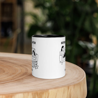 White mug with black interior and handle, featuring black illustrations on a wooden surface with a blurred green background.