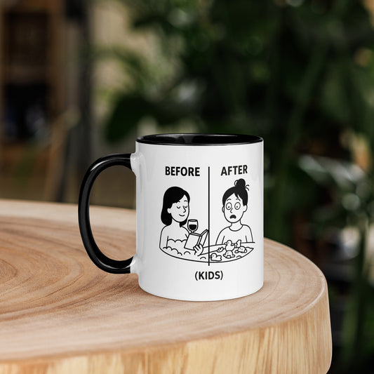 White ceramic mug with black handle featuring humorous before and after kids bath cartoon illustrations and text.