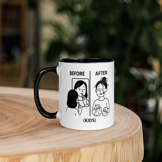 White ceramic mug with black handle featuring black line art of a mom before and after kids, humorous makeup routine design.