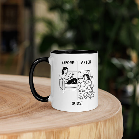 Mug with a humorous design of a woman before and after kids, on a wooden surface.