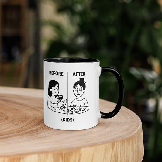 White ceramic mug with black handle and rim, featuring humorous "Before & After (Kids)" cartoon illustrations of a mom.