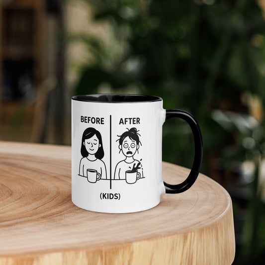 White ceramic mug with black handle and rim, featuring cartoon "Before and After Kids" mom illustrations.