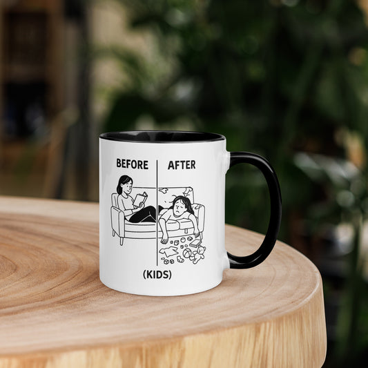 Mug with a humorous design comparing 'Before' and 'After' scenarios with kids on a wooden surface.