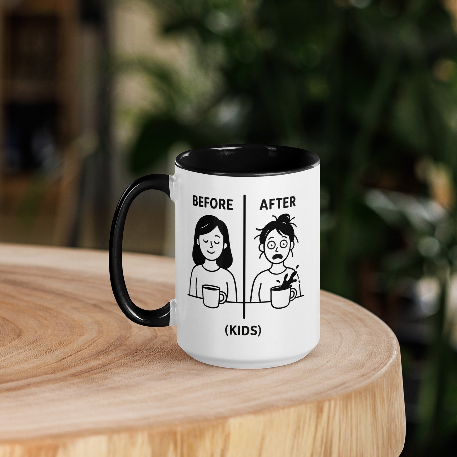 White ceramic mug with black handle and rim, featuring black line art of a calm woman holding a coffee cup labeled "Before.