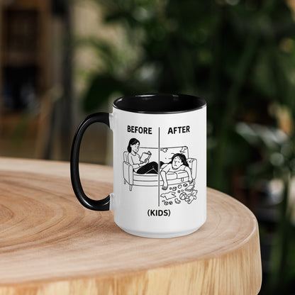 Mug with 'Before and After (Kids)' design on a wooden surface