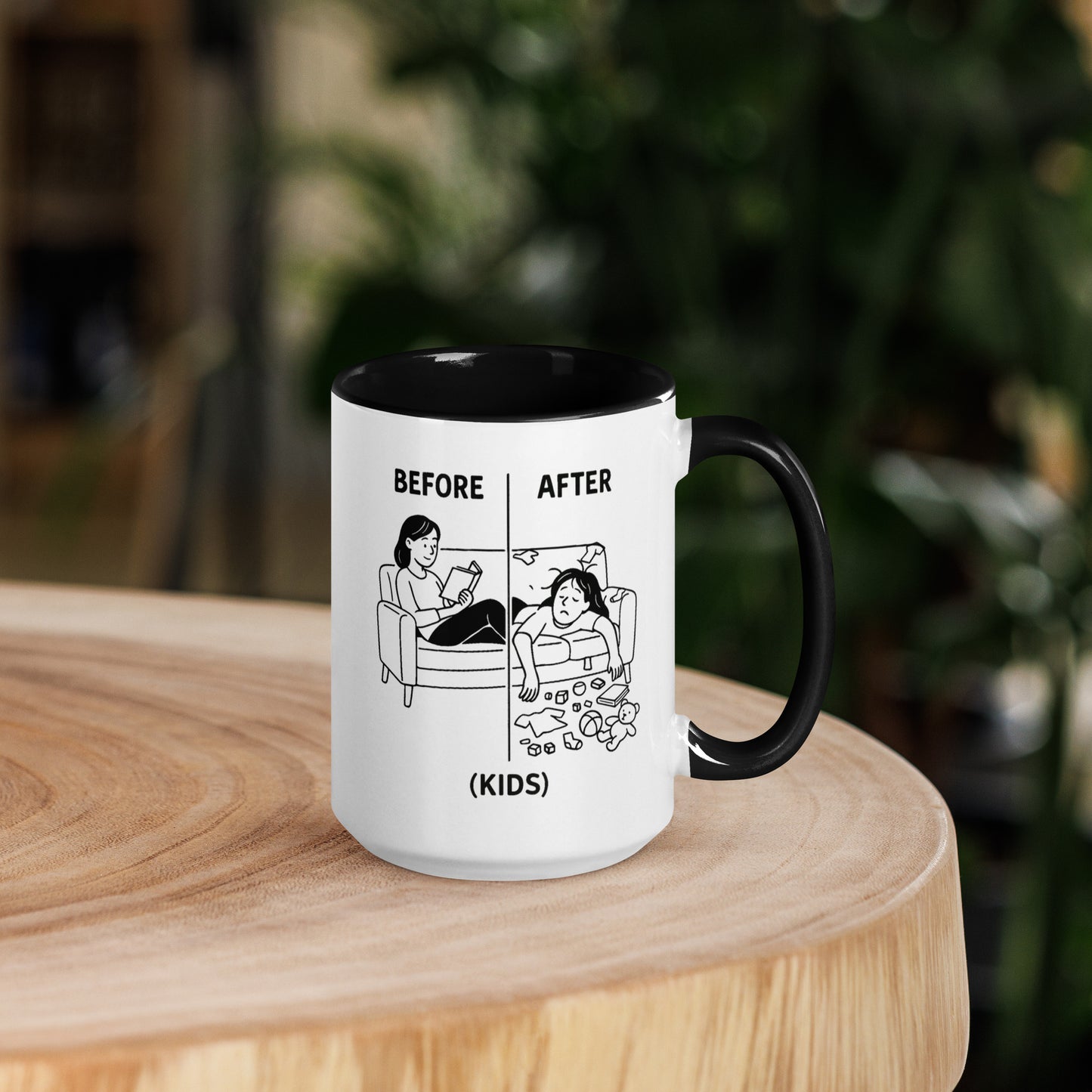 Mug with a humorous 'Before and After' illustration of a parent with kids on a wooden surface.